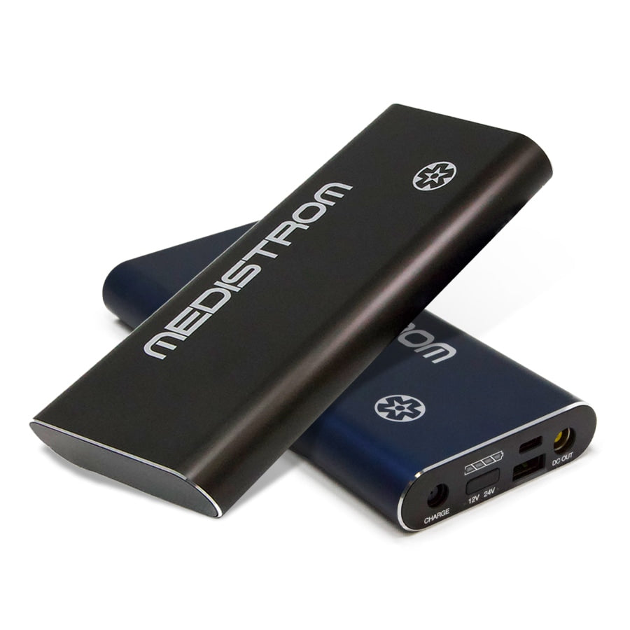 A Medistrom Pilot-Flex Battery, with a black and blue color scheme, featuring multiple ports including USB-A and USB-C, designed for use with CPAP/BiPAP machines.