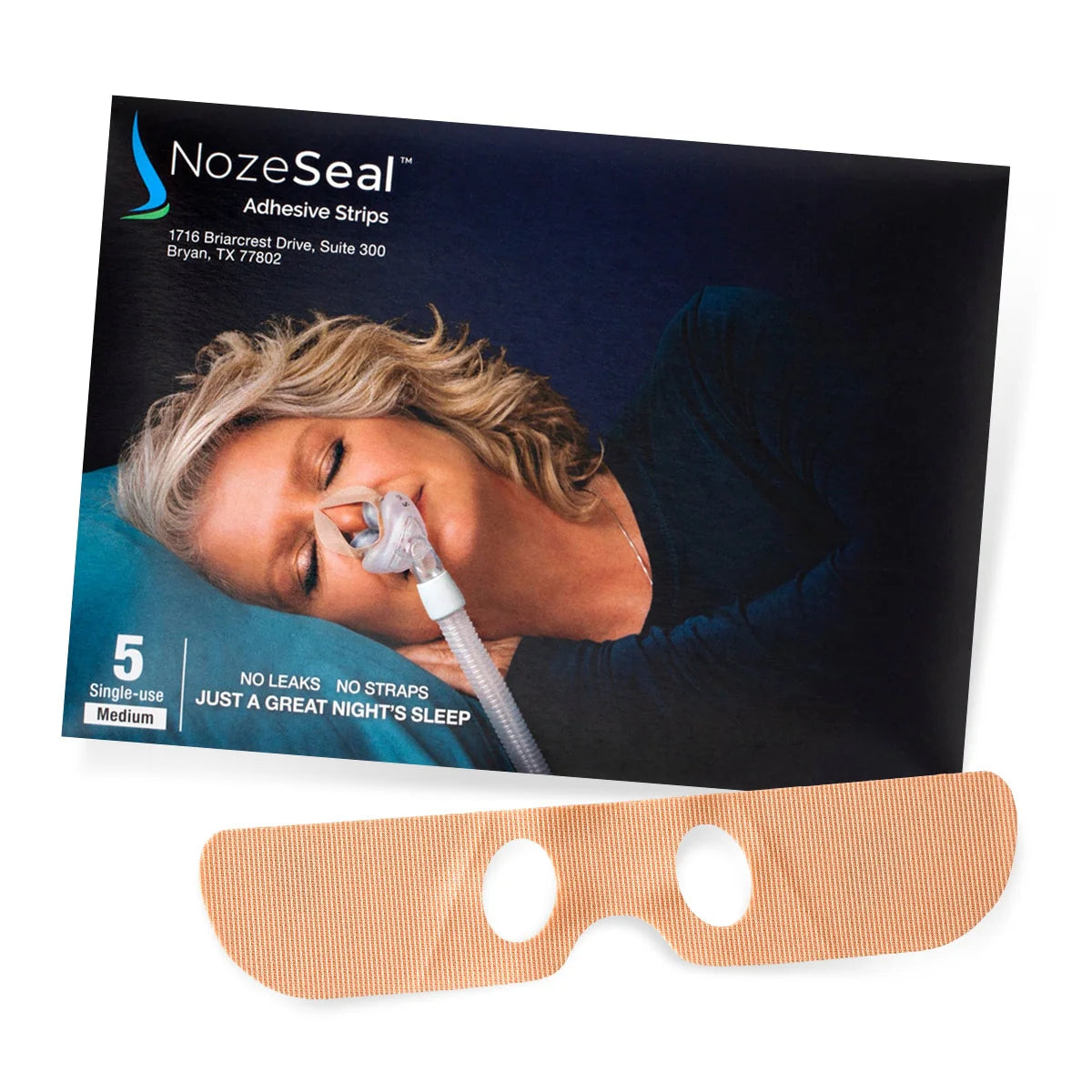 NozeSeal adhesive strips packaging with a person using the device on a white background