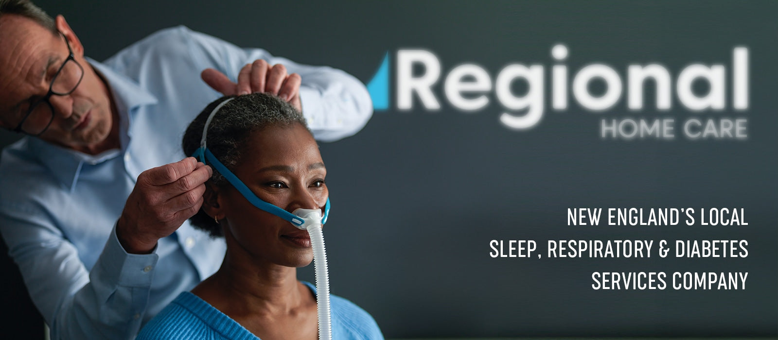 Person receiving CPAP therapy with 'Regional Home Care' logo in the background
