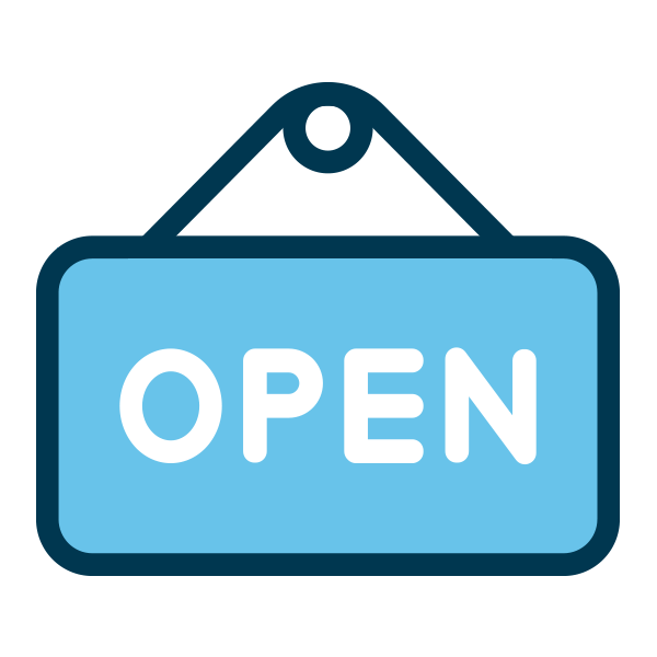 Blue 'OPEN' sign on a white background