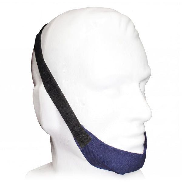 Blue and black chinstrap on a mannequin head against a white background