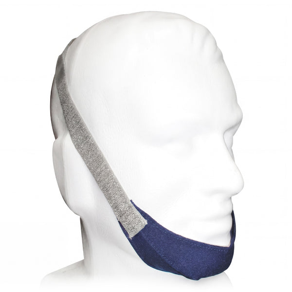 Mannequin head wearing a blue and gray sleep headgear on a white background