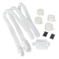 A set of CPAP machine accessories including a hose, filters, and other maintenance kit components.