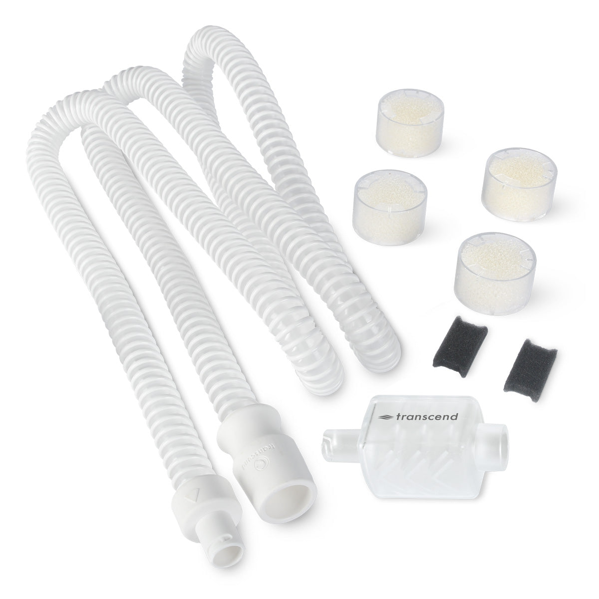 A set of CPAP machine accessories including a hose, filters, and other maintenance kit components.