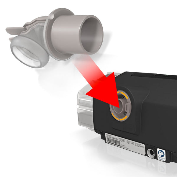 Air Outlet adapter with red arrow pointing to a cpap machine 