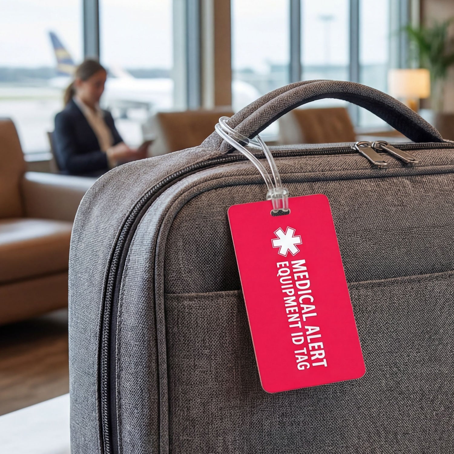 Gray suitcase with a red 'Medical Alert Equipment ID Tag' in an airport setting
