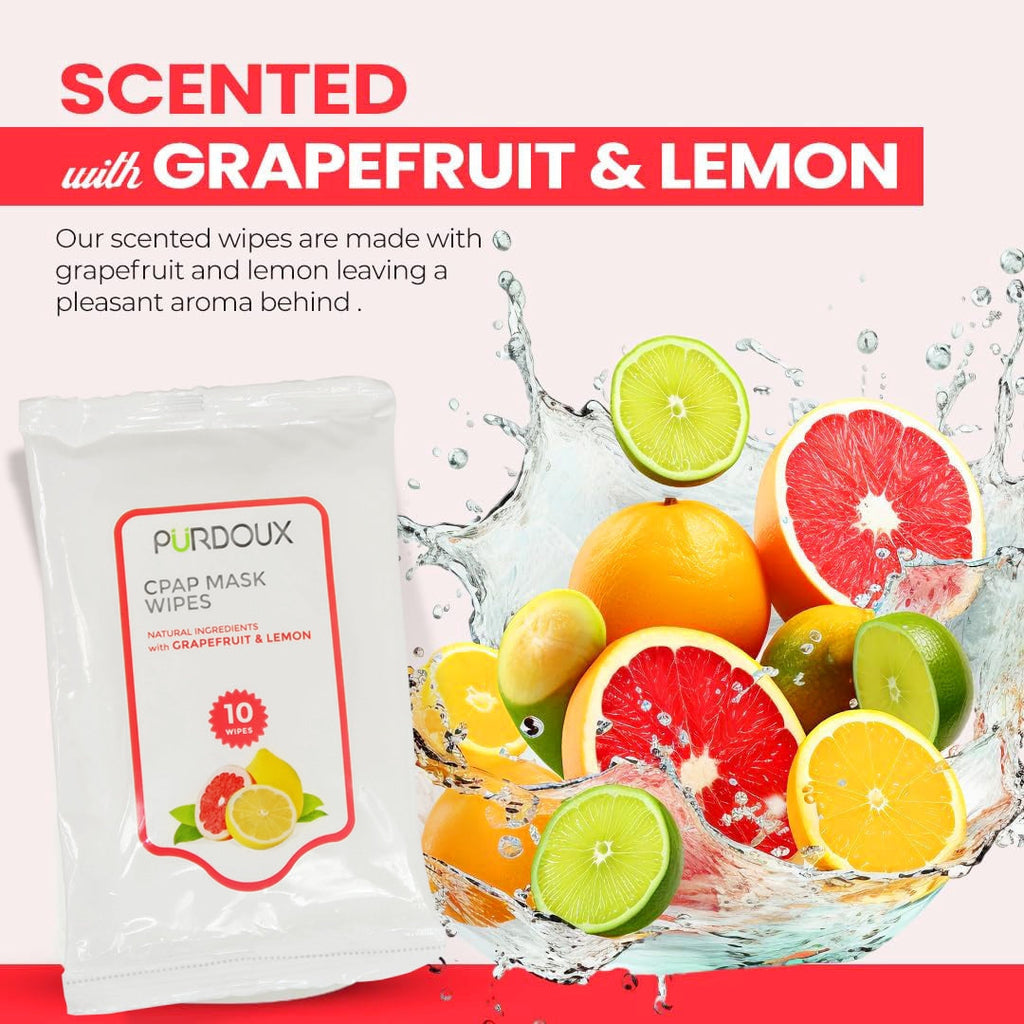 Purdoux capm mask wipes with grapefruit and lemon scents, surrounded by citrus fruits and water splash.