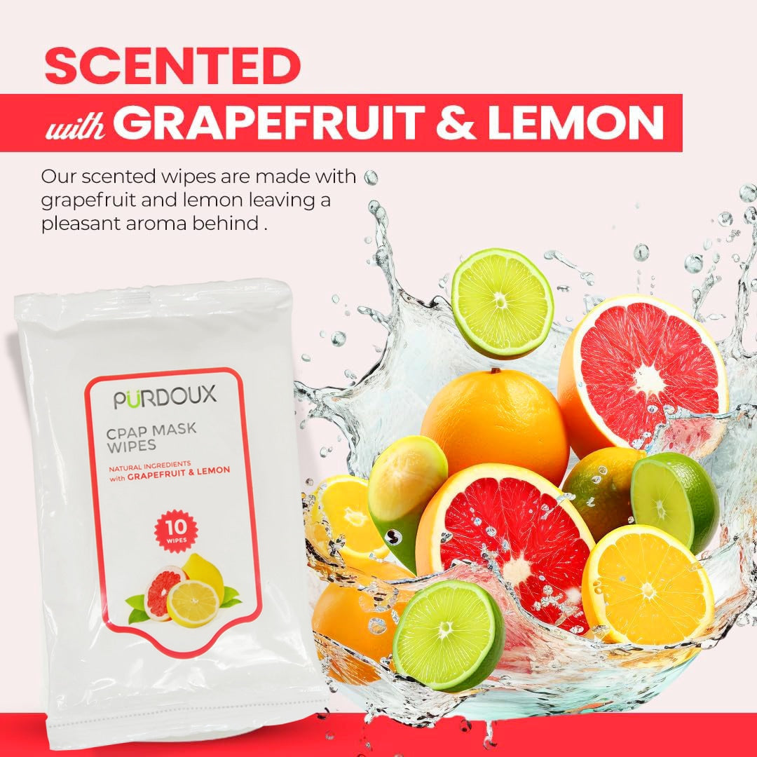 Purdoux capm mask wipes with grapefruit and lemon scents, surrounded by citrus fruits and water splash.