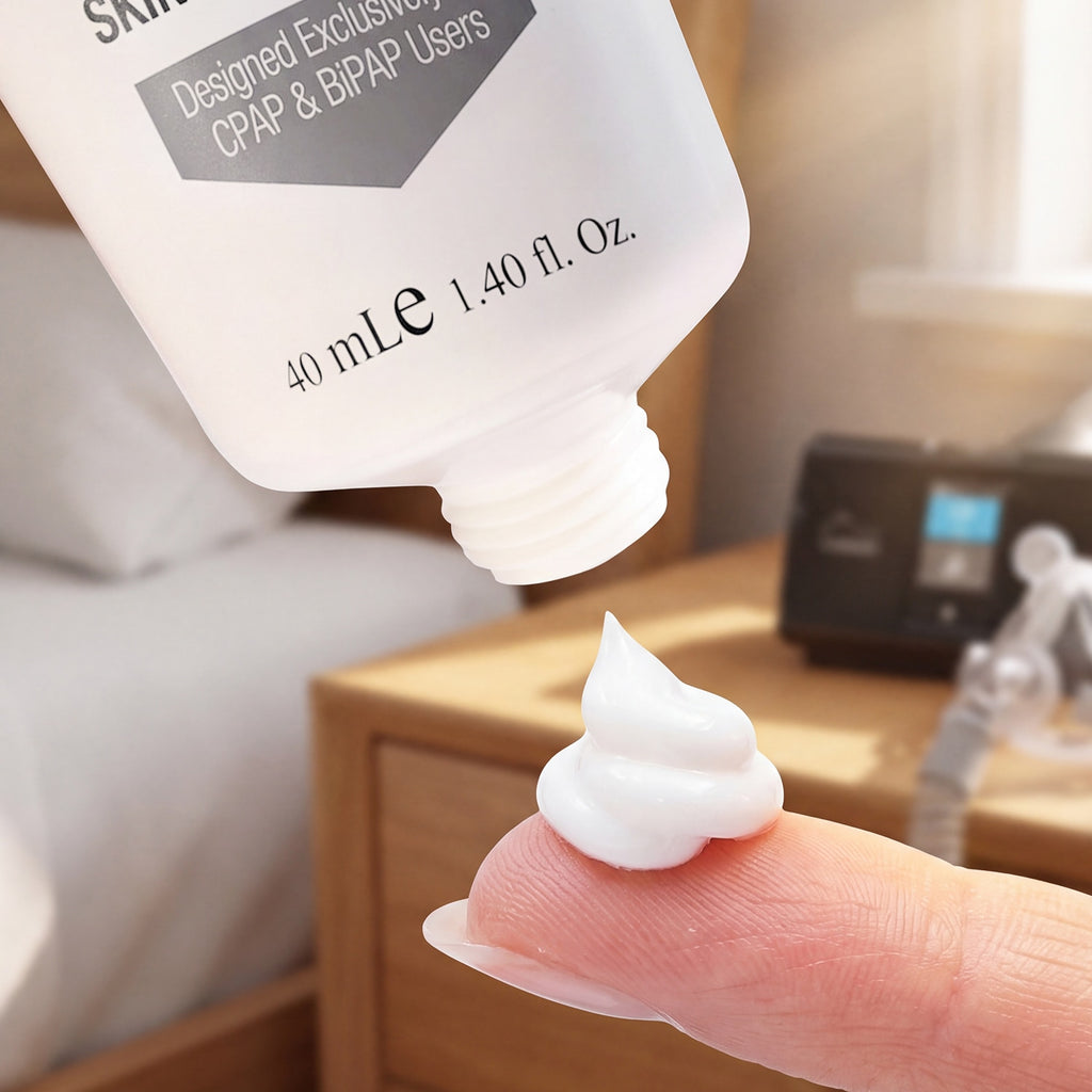 A close-up of a white squeeze tube dispensing a dollop of white cream onto a person's fingertip in a softly blurred bedroom setting.