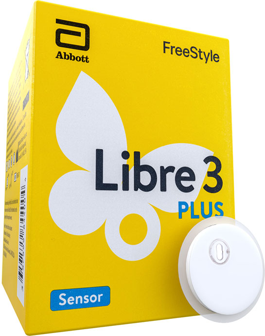 Box of Abbott FreeStyle Libre 3 Plus sensor on a white background
