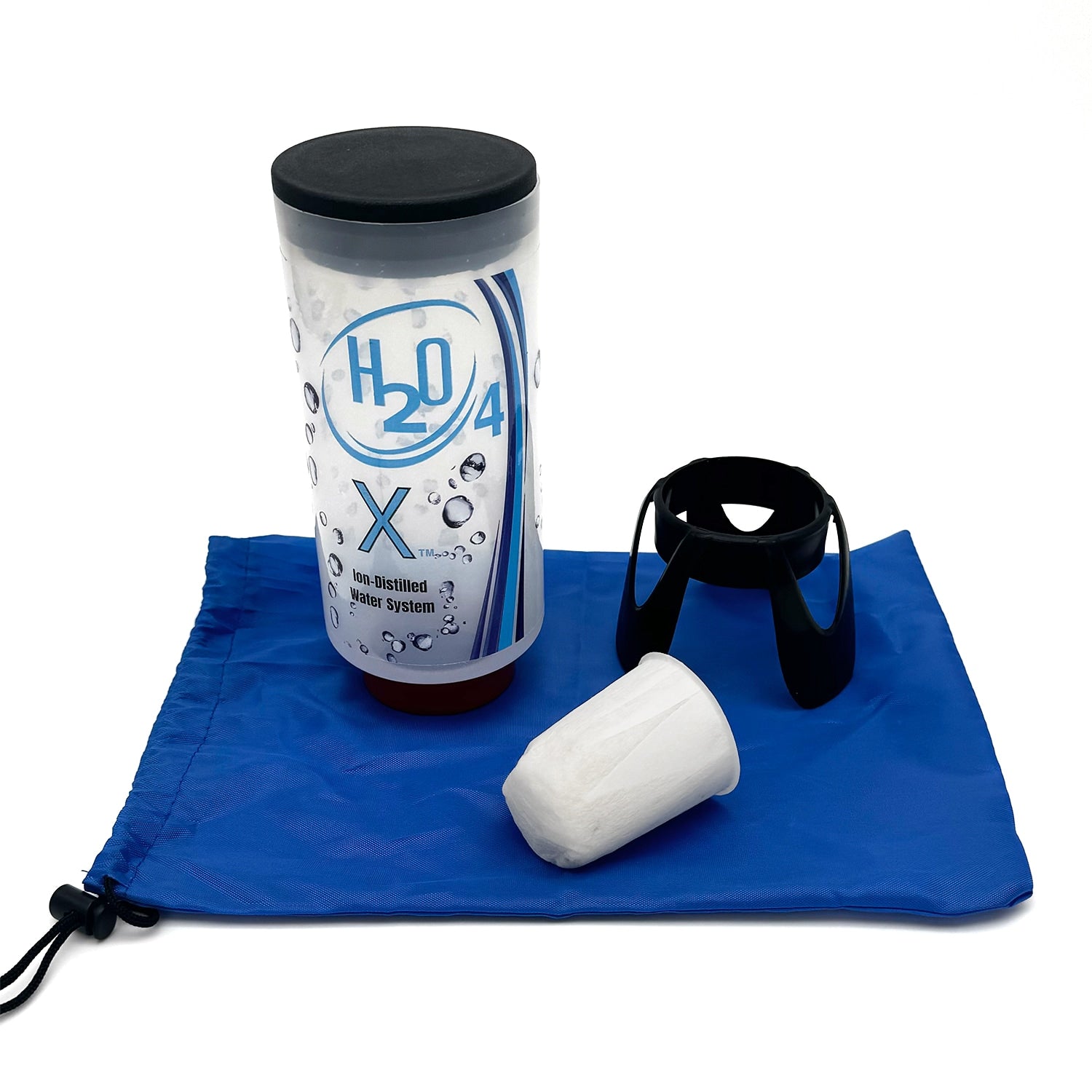 H2O4X water bottle system with blue drawstring bag, black cap, and white filter on a white background