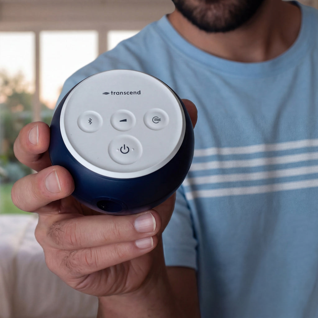 A person in a light blue t-shirt holds a Transcend CPAP in their hand