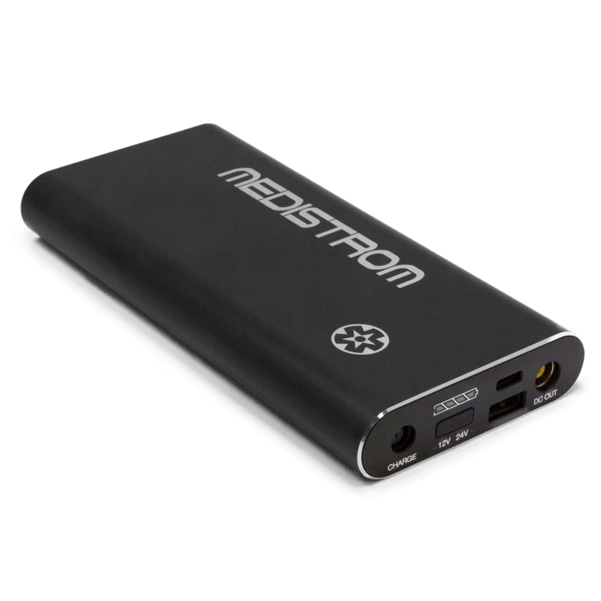 Black power bank with 'Medistrom' branding on a white background