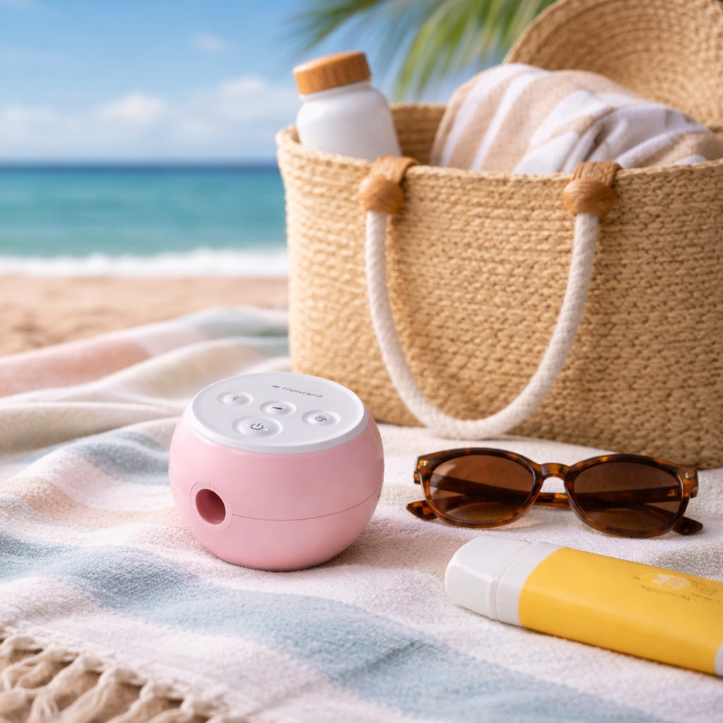 A pink Transcend CPAP with a white top panel sits on a pastel beach towel at the beach, surrounded by a woven straw tote bag, sunglasses, a yellow sunscreen tube, and a bottle of water under a sunny sky.