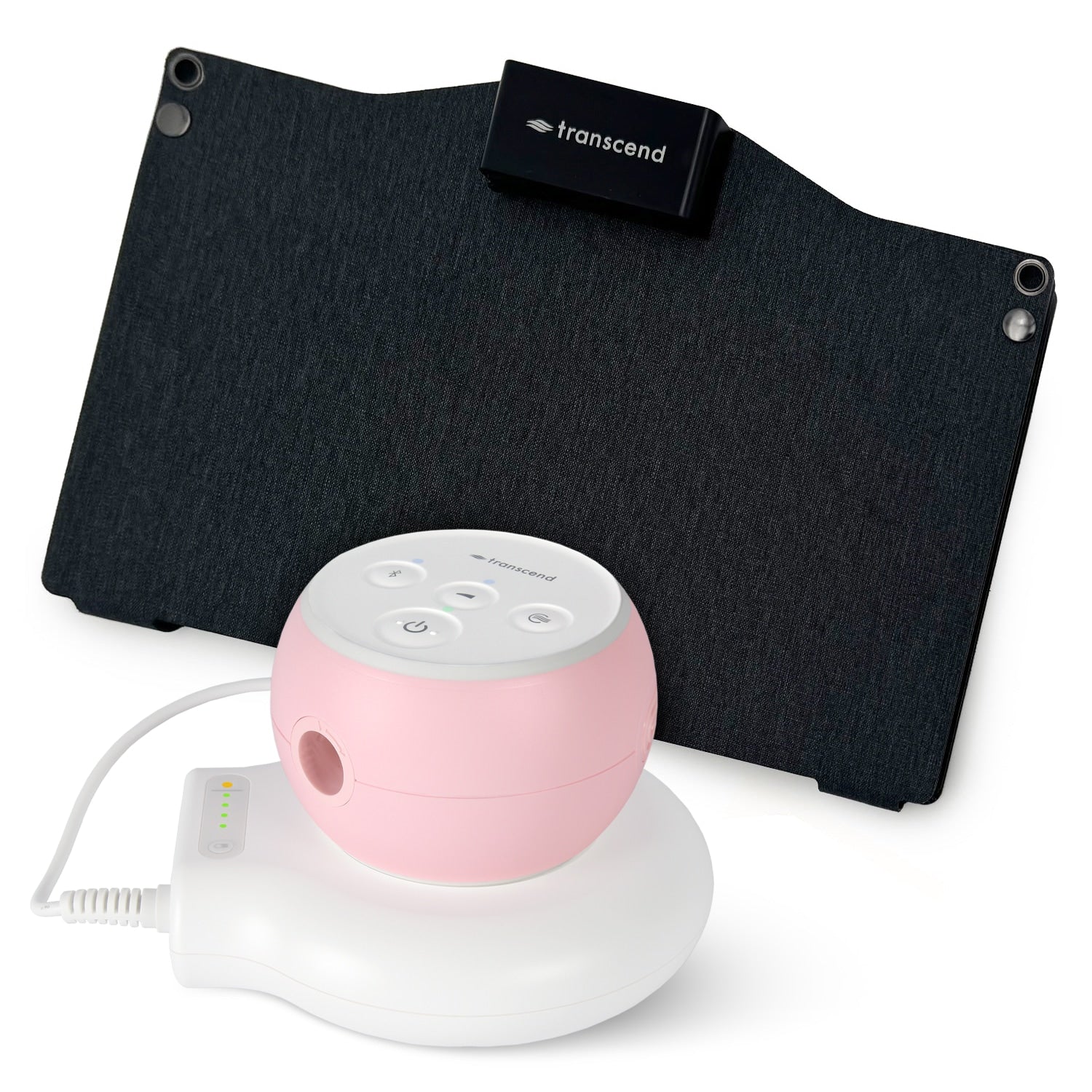Pink Transcend CPAP on a poweraway battery with a solar panel