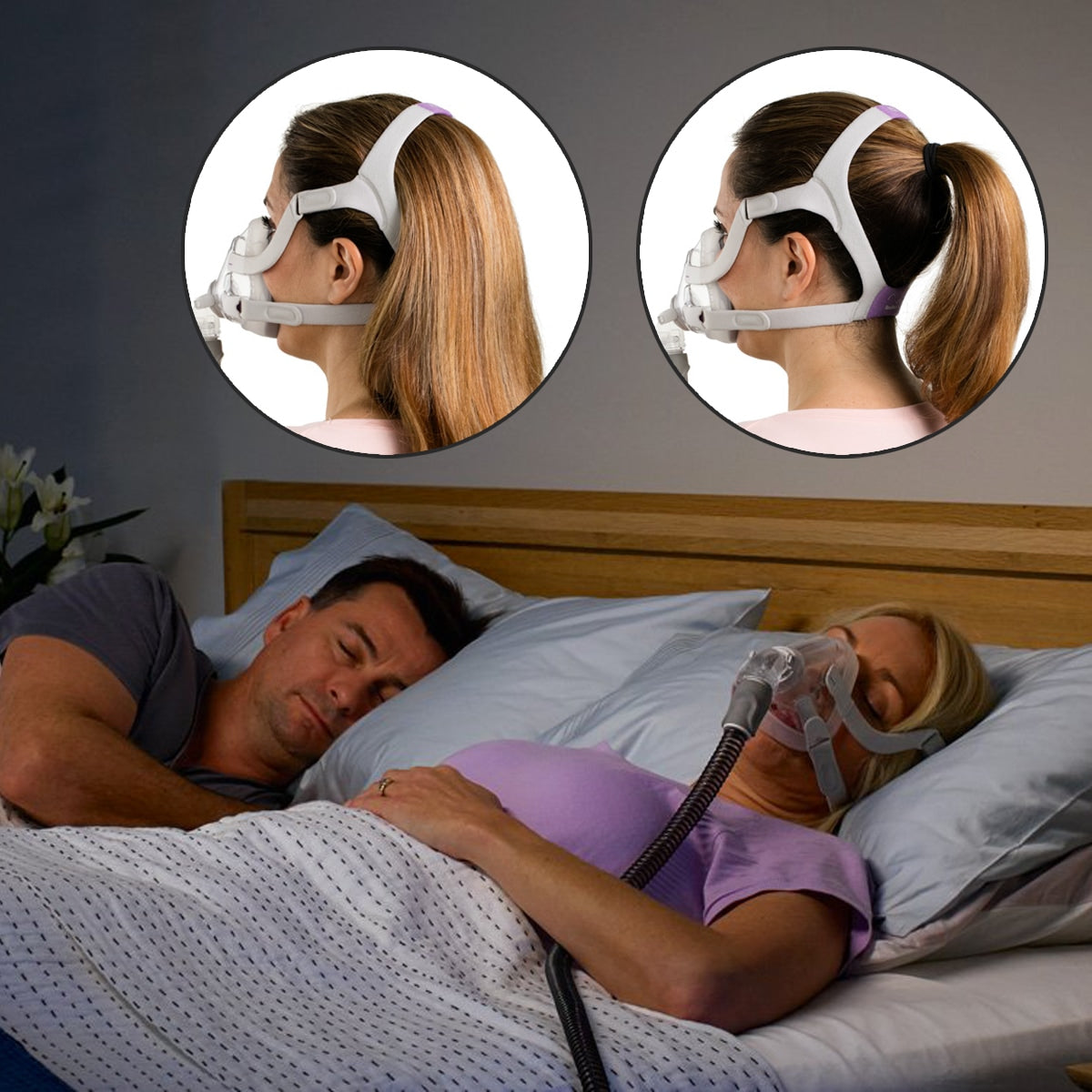 Two people sleeping with CPAP machines on, one with a headband and the other with a mask.