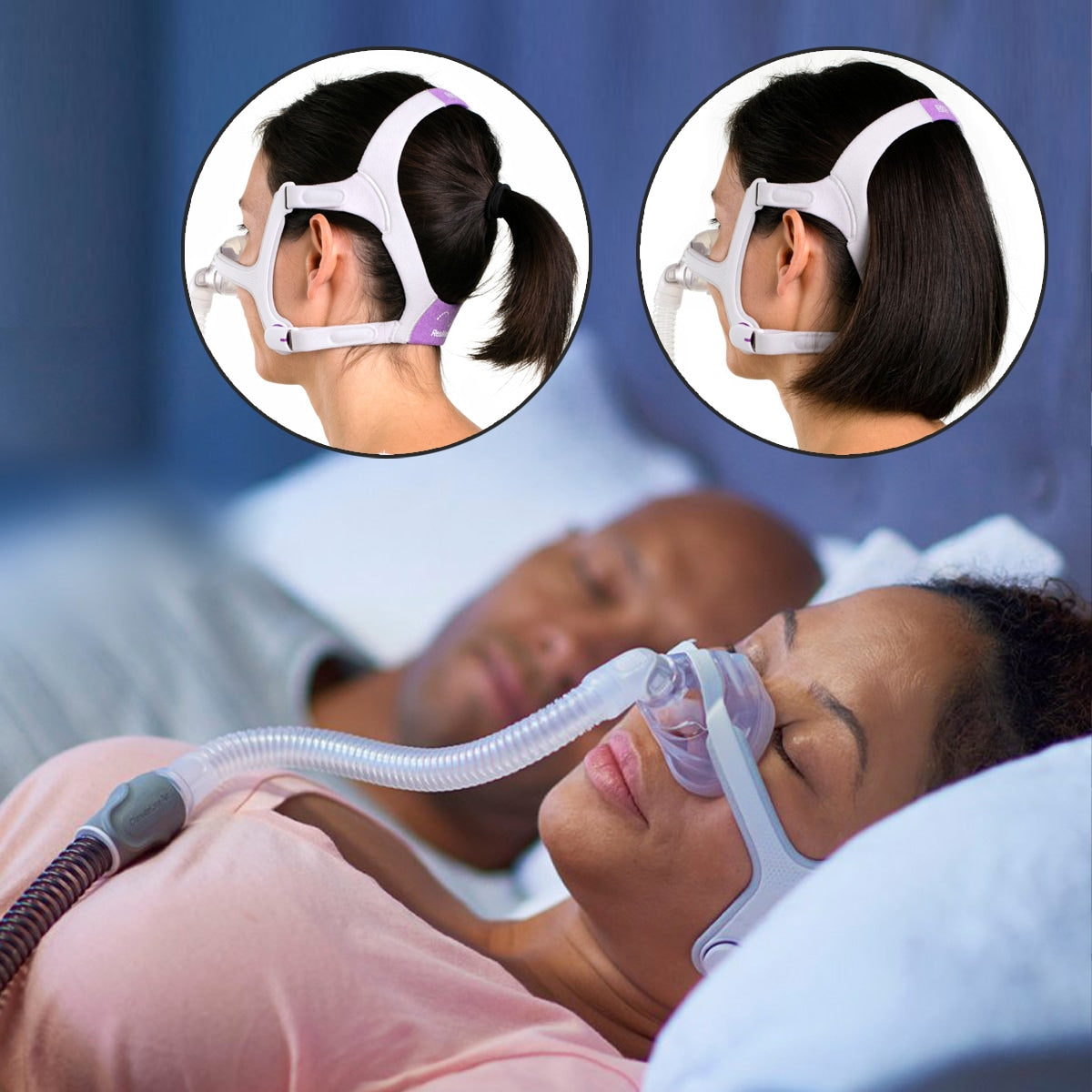 Person using a CPAP machine with close-up insets showing the mask on their face.
