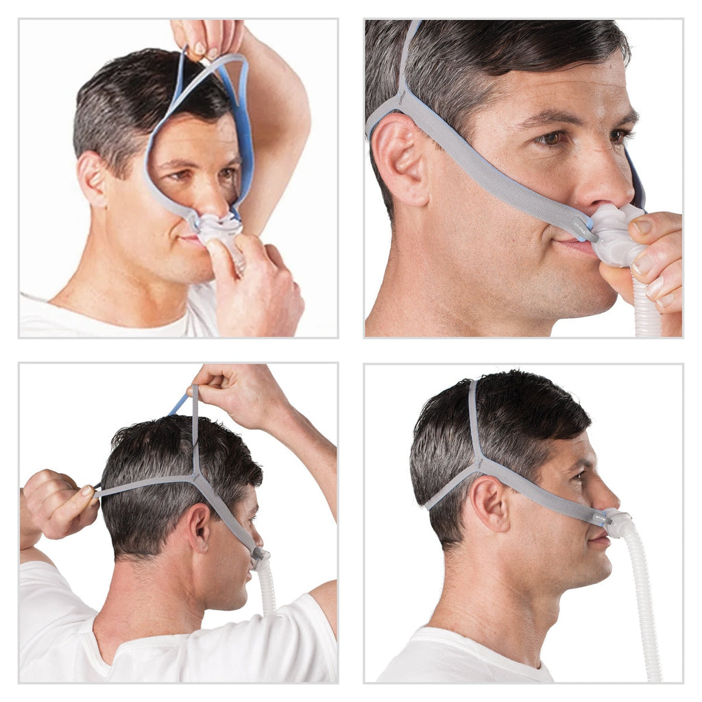 Step-by-step demonstration of using a CPAP mask on a person.
