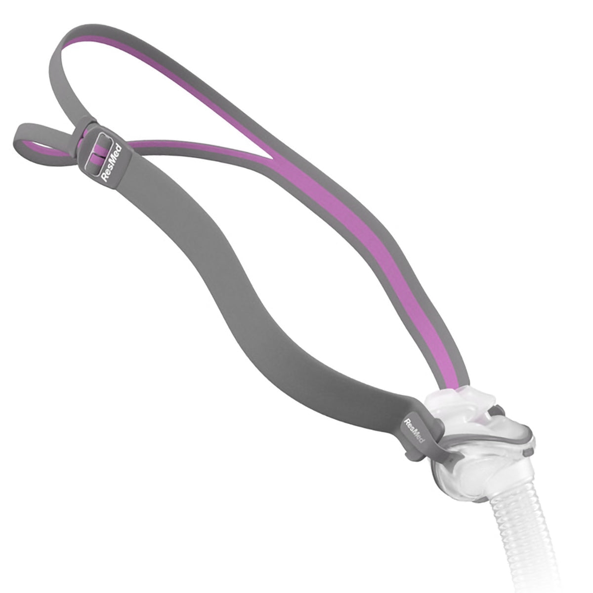 Gray and pink headgear with a white hose on a white background