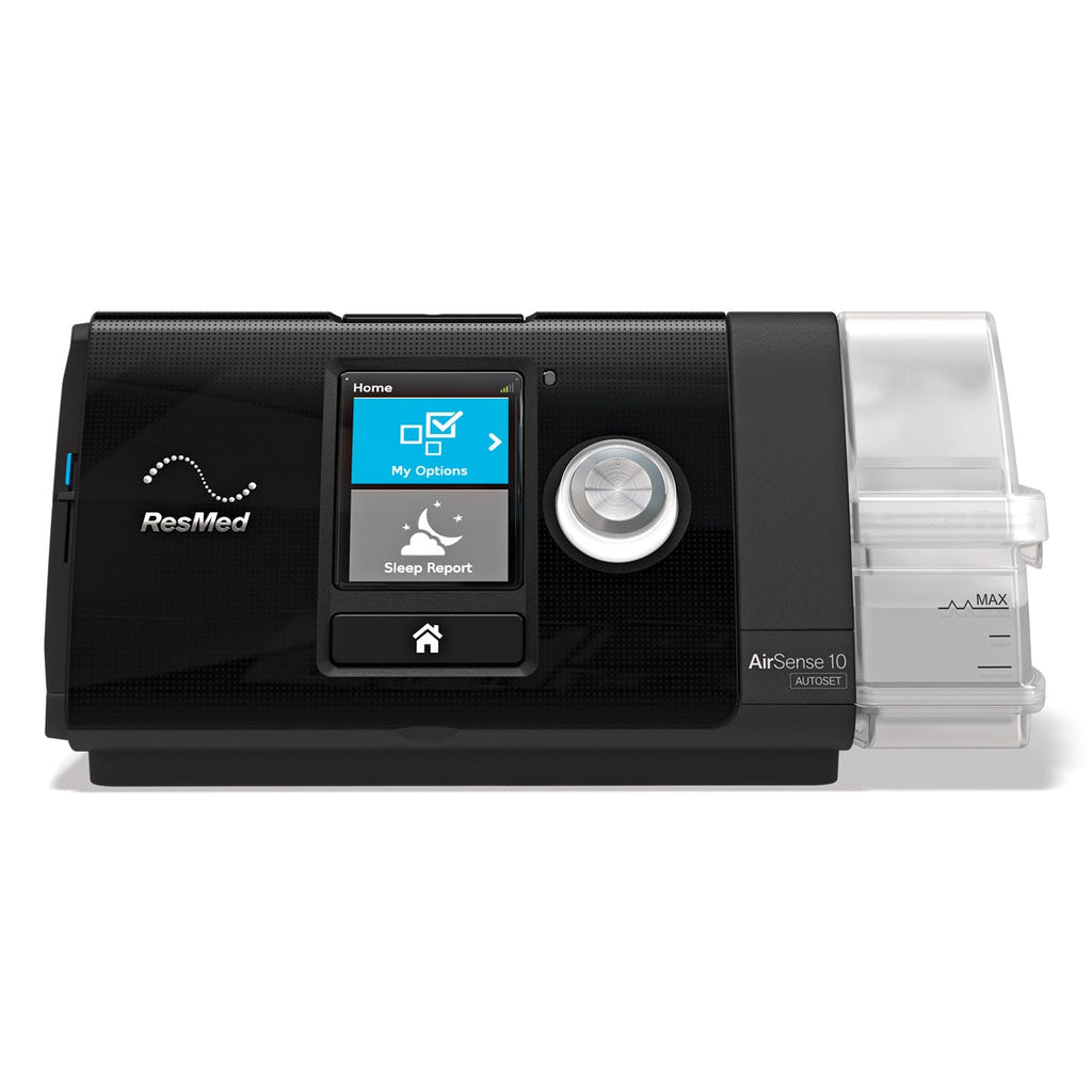 A ResMed AirSense 10 AutoSet CPAP Machine with a digital display, various control buttons, and a built-in humidifier.