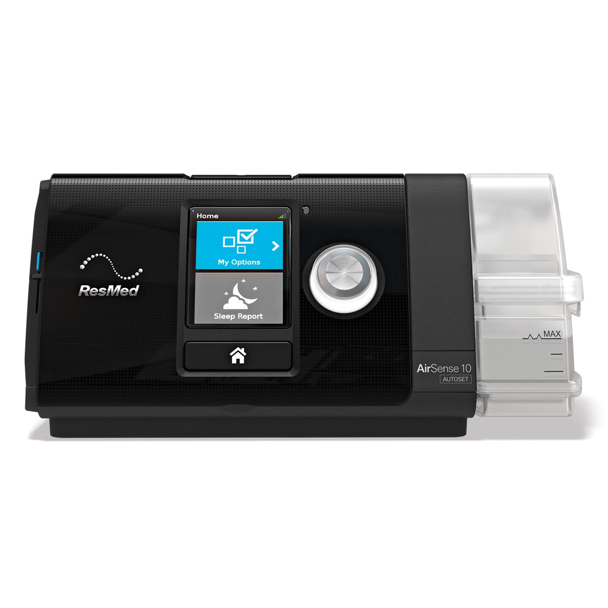 A ResMed AirSense 10 AutoSet CPAP Machine with a digital display, various control buttons, and a built-in humidifier.