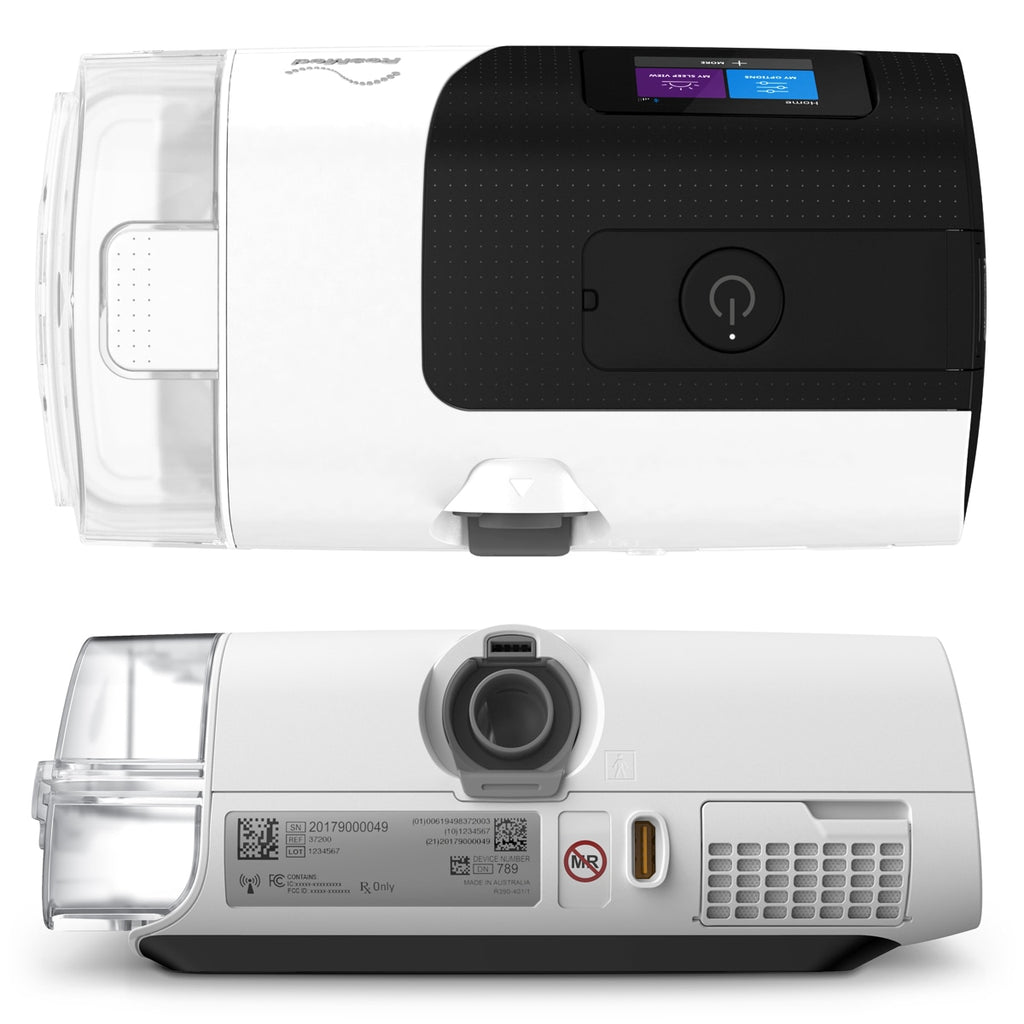 Two views of a white and black Resmed sleep therapy device on a white background