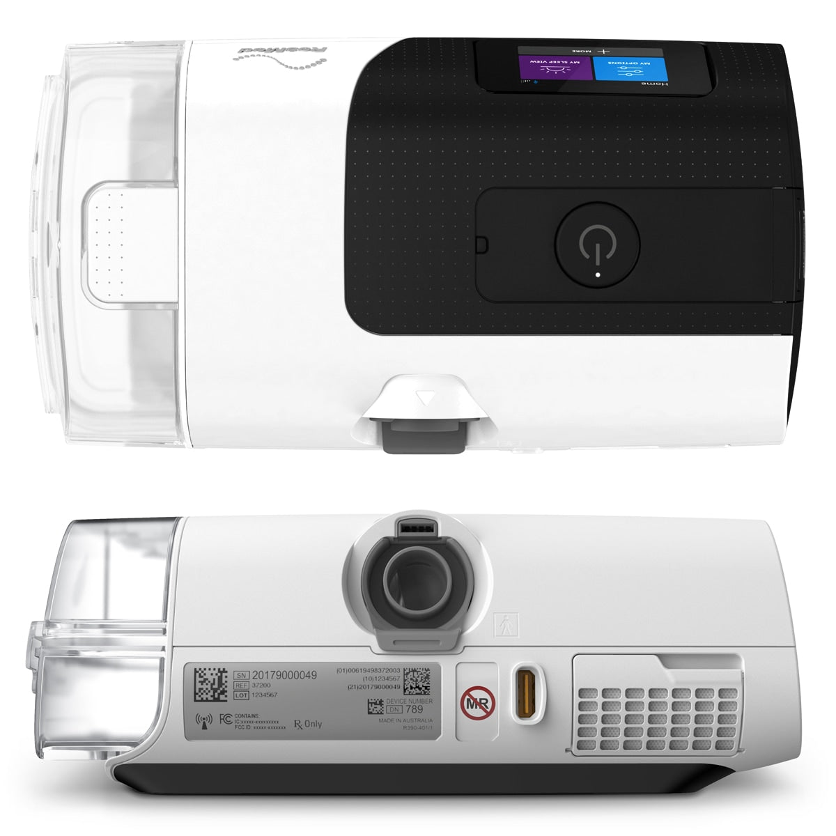 Two views of a white and black Resmed sleep therapy device on a white background