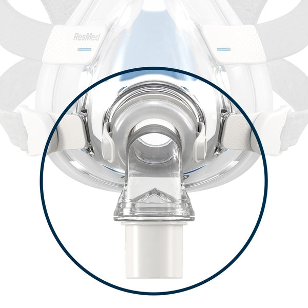Close-up of a ResMed nasal mask with a focus on the valve and hose.