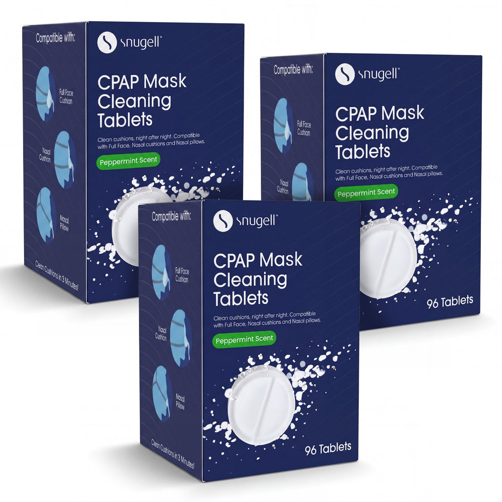 Three boxes of Snugell CPAP Mask Cleaning Tablets on a white background