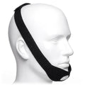 Black headband with a chin strap on a mannequin head against a white background