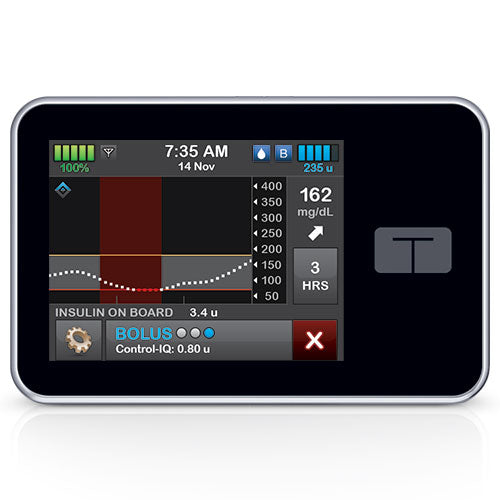 Digital display showing insulin pump settings and metrics on a white background