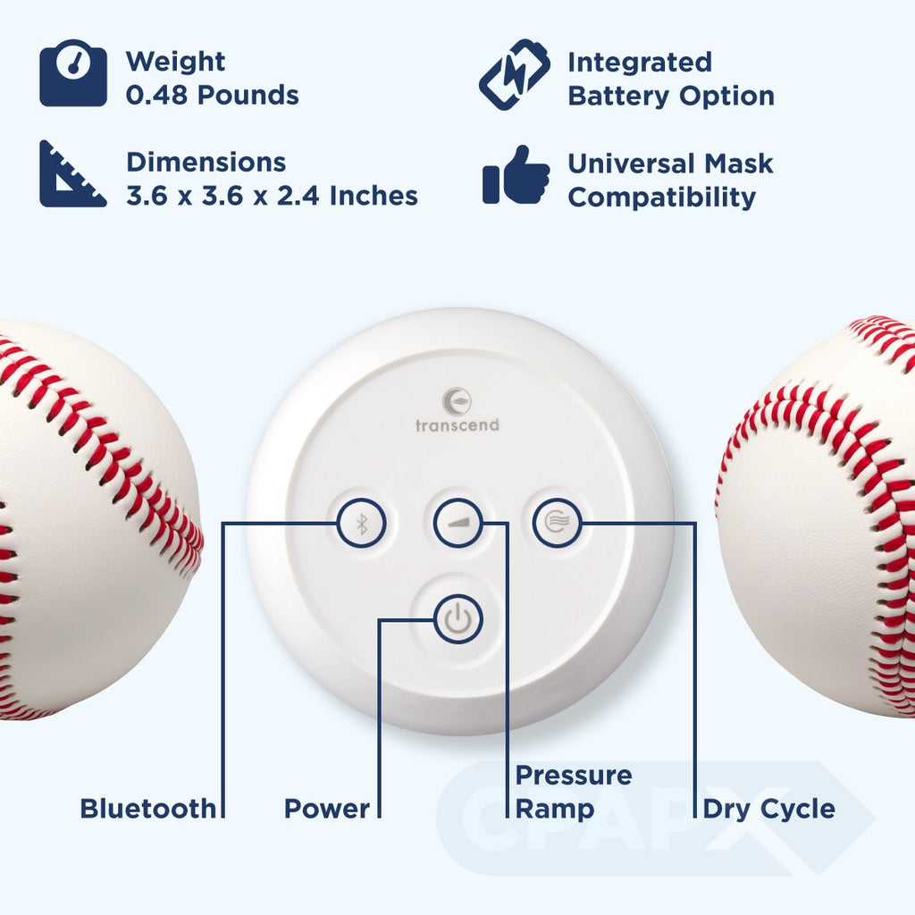 Transcend device with features highlighted, including weight, dimensions, battery option, mask compatibility, and control buttons, with baseballs on either side to show scale.