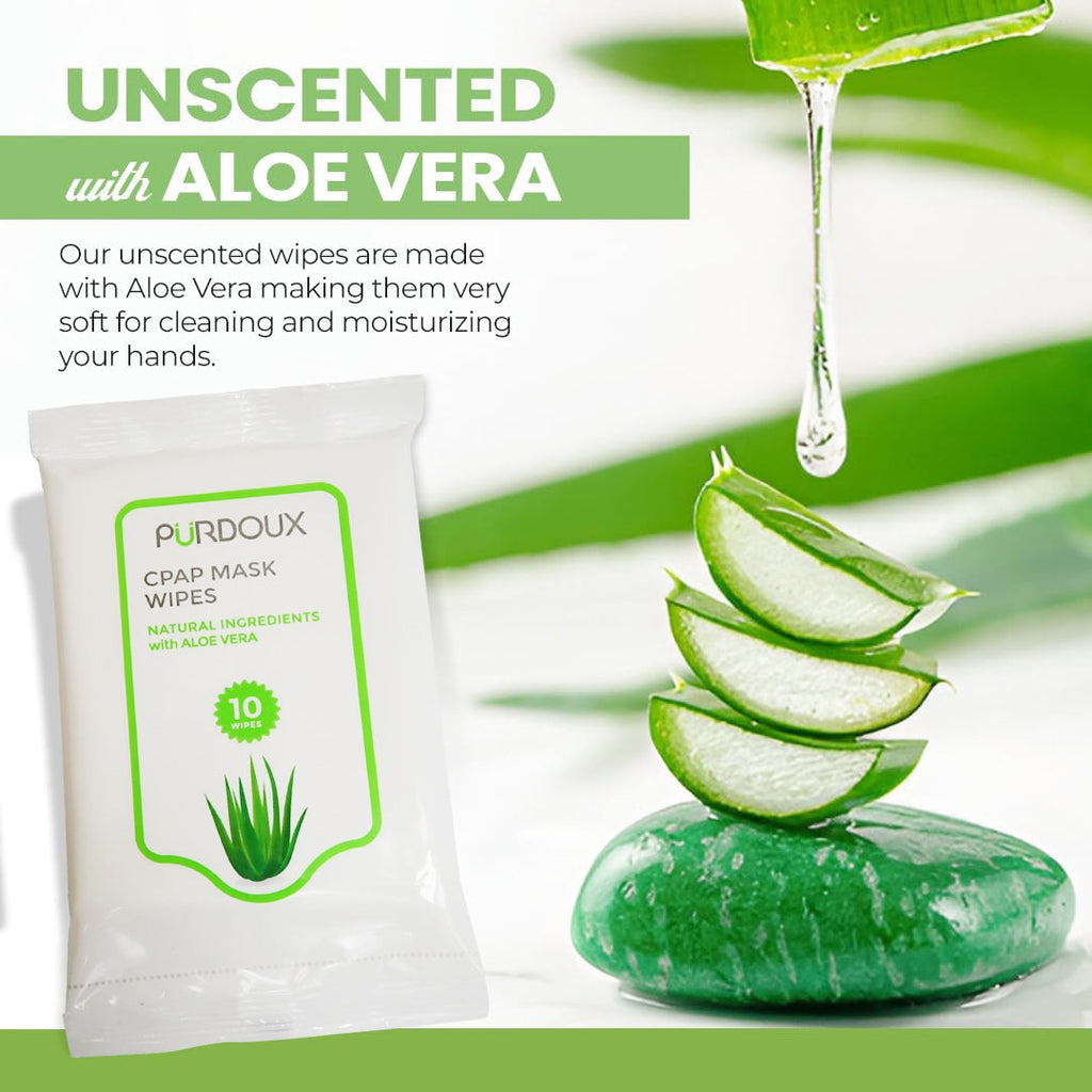 Purdoux aloe vera CPAP wipes with aloe vera slices and droplet on a white background