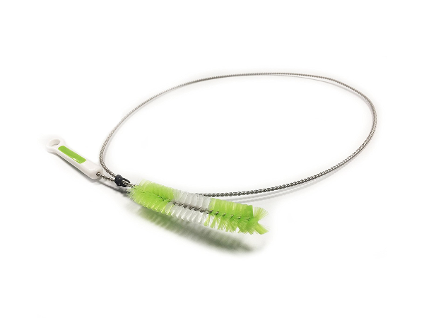 A Purdoux CPAP Hose Cleaning Brush with a green handle and soft nylon bristles, featuring a flexible stem.