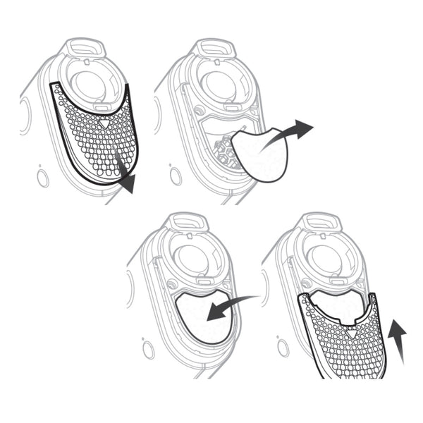 Cartoon illustration of four Airmini CPAP machines showing how to insert a filter