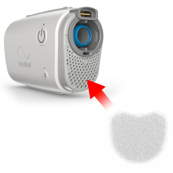 Airmini CPAP with a red arrow pointing to a CPAP machine