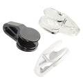 A pair of O2 Ear Buddies in black and a pair in clear color, designed to clip oxygen tubes to a hat, headband, wig or visor.