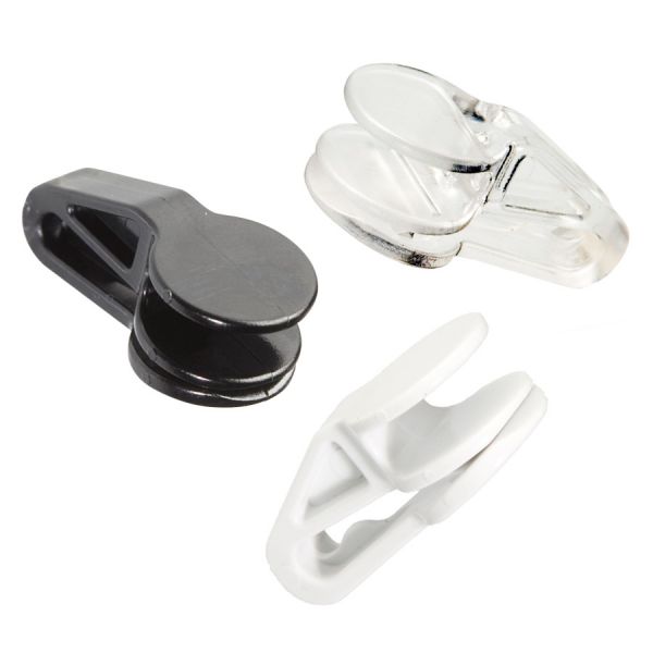 A pair of O2 Ear Buddies in black and a pair in clear color, designed to clip oxygen tubes to a hat, headband, wig or visor.